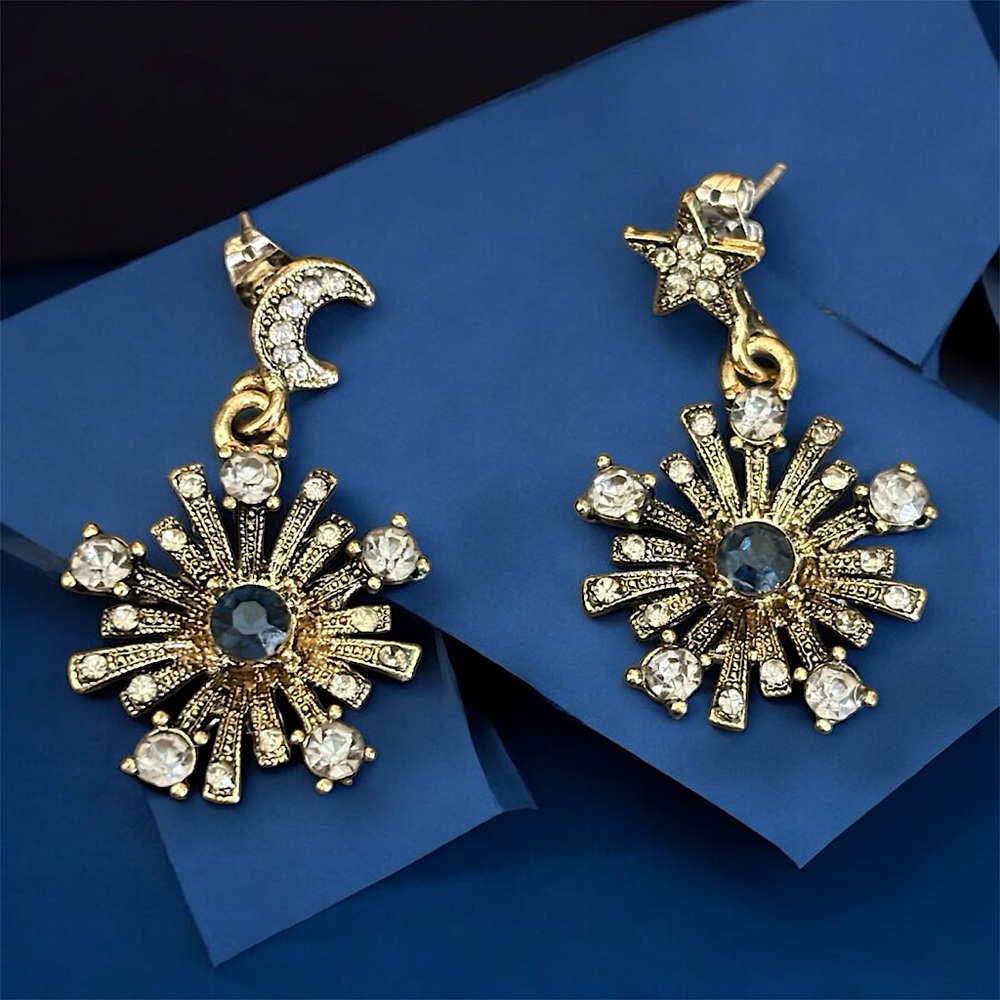 Celestial Starburst Star Moon Witchy Whimsical Rhinestone Gold Dangle Earrings